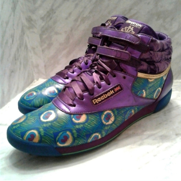 Reebok Classic Purple Metallic Velour mythology Peacock Print womens 12 men 10.5 - Picture 2 of 7